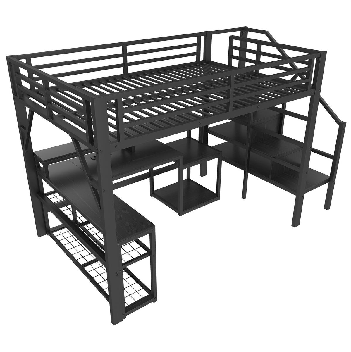 VISOKI krevet 140/200 cm s metalnim okvirom, LED osvjetljenjem, USB priključkom, stolom i spremištem, Crna - crna, metal (140/200cm) - Redom