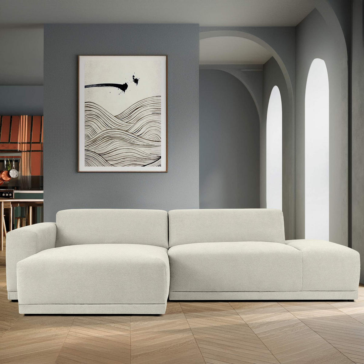 ECKSOFA LINKS MUDI in moderner Optik mit hochwertigem Kaltschaum, Cord-Stoff, Creme - Creme/Schwarz, Textil (280/160cm) - KONSIMO®
