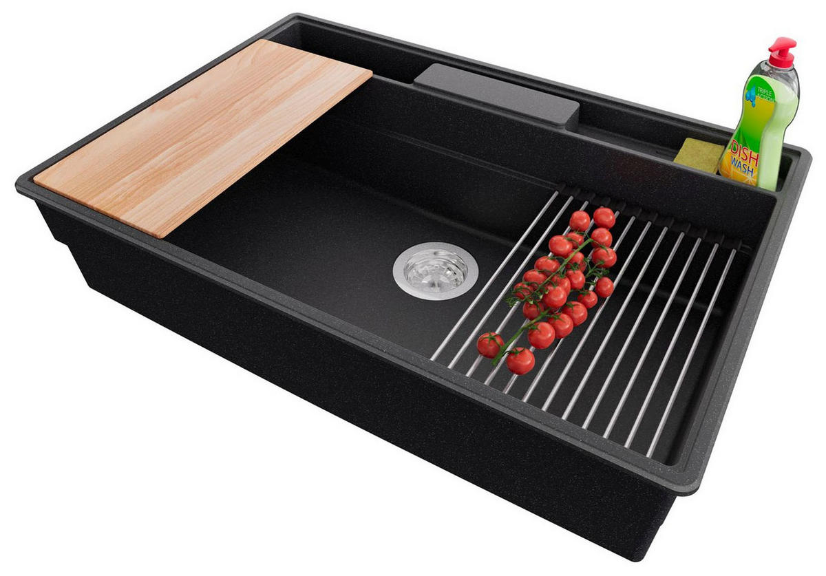 SPÜLBECKEN New York, 2-er set Anthrazit 78/53 cm 1 Becken + Ablauf-Set + Küchenzubehörset ab 80er Unterschrank - Chromfarben/Anthrazit, Kunststoff (78/20/53cm) - Primagran