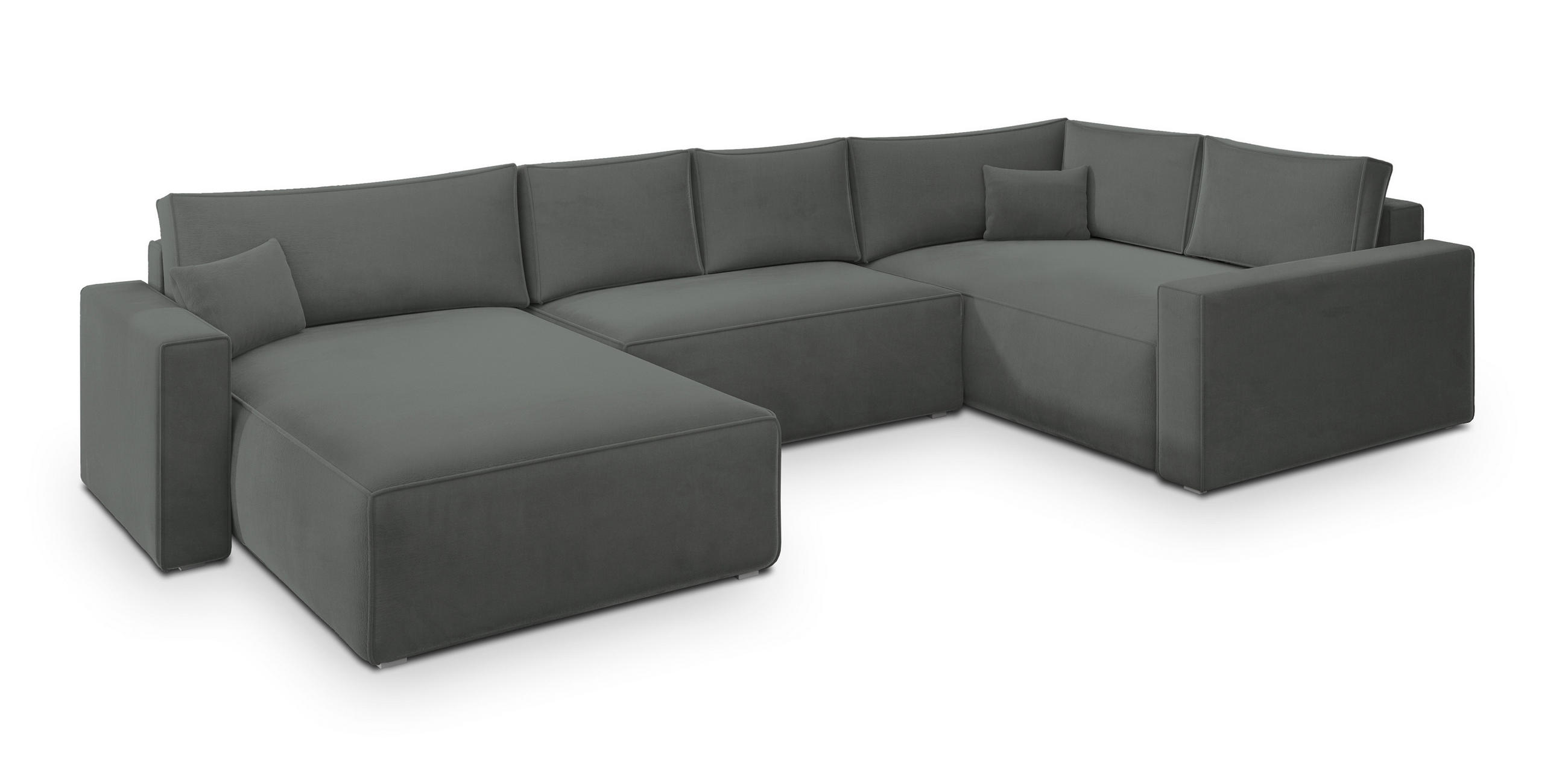 WOHNLANDSCHAFT VELAMI R-S Grau Velours-Stoff mit Schlaffunktion - Grau, Holz (365/83/194cm) - MASSENO