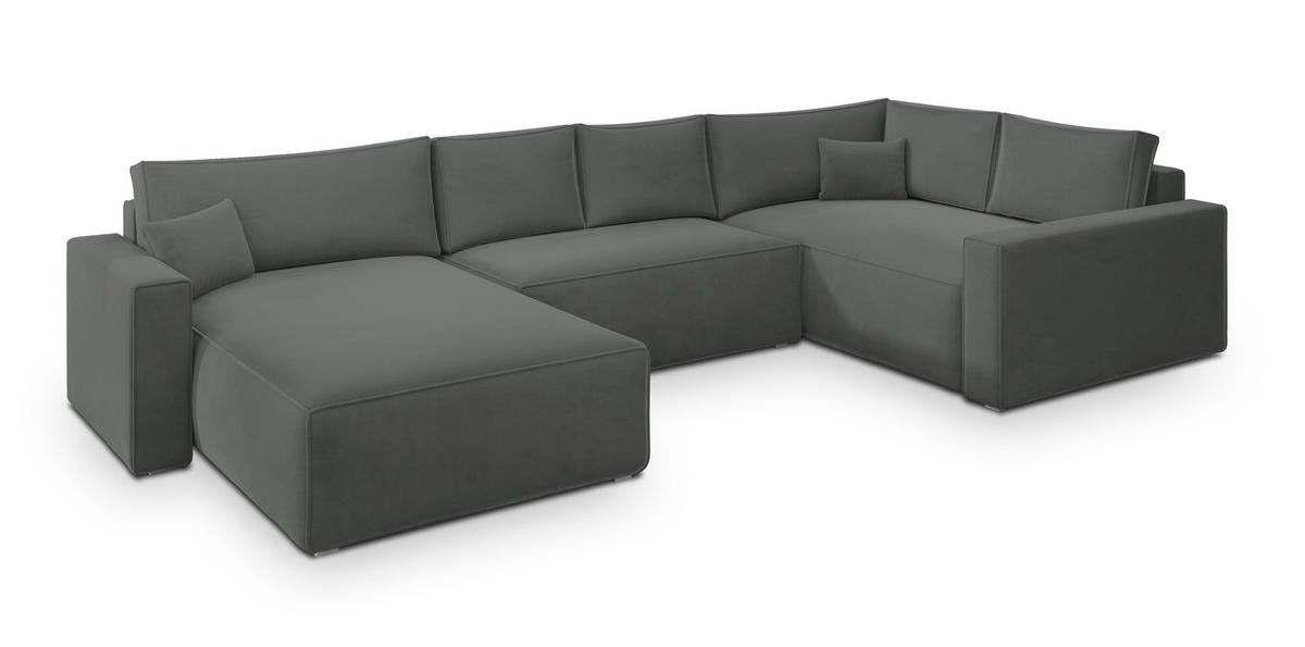 WOHNLANDSCHAFT VELAMI R-S Grau Velours-Stoff mit Schlaffunktion - Grau, Holz (365/83/194cm) - MASSENO