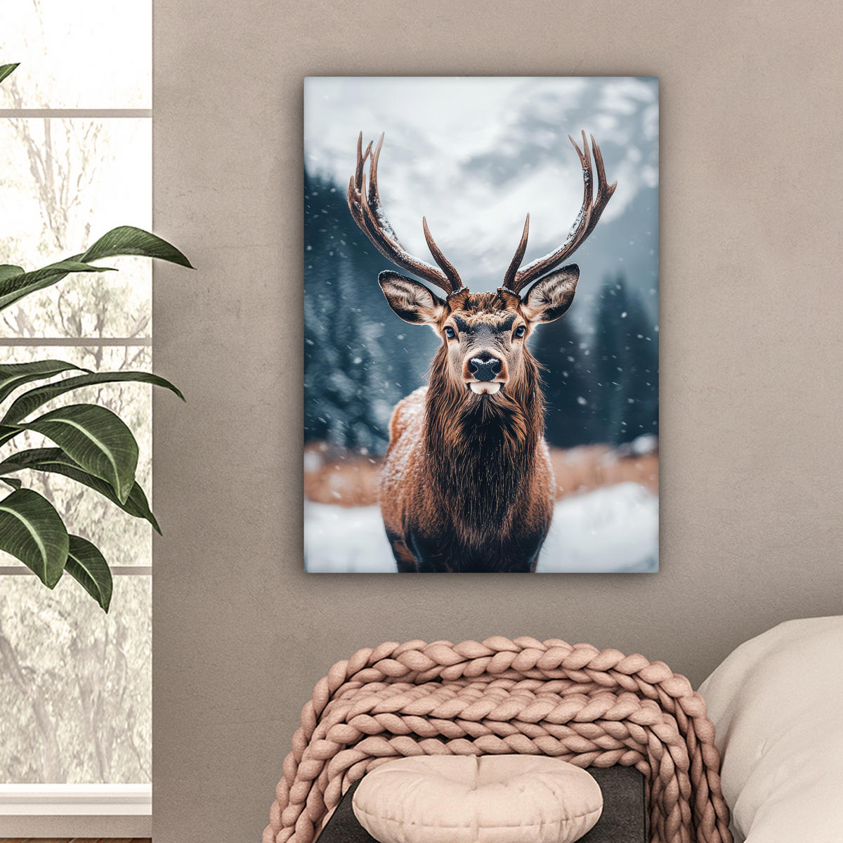 LEINWANDBILD Hirsche - Tiere - Landschaft - Winter - Schnee Wandbild Wohnzimmer 60x80 cm - Kastanienfarben, Textil (60/80cm) - MuchoWow