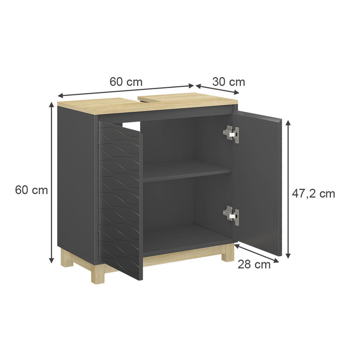 WASCHBECKENUNTERSCHRANK Livia Anthrazit 60 x 60 cm mit 2 Türen - Anthrazit/Naturfarben, Holzwerkstoff (60/60/30cm) - Vicco