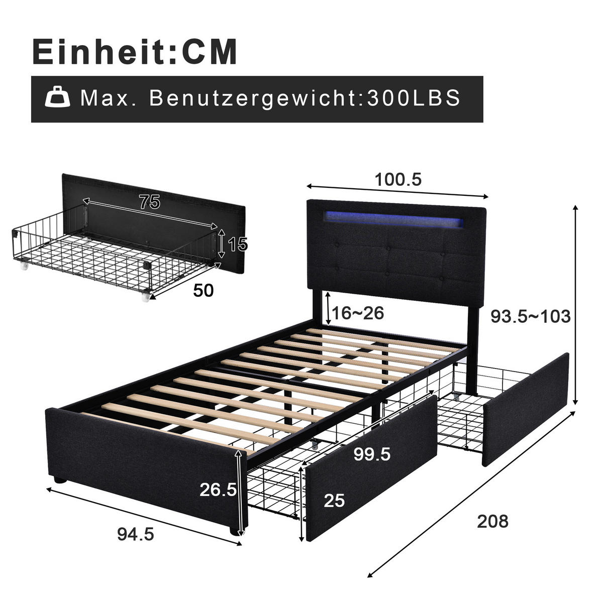 POLSTERBETT 90/200 cm in Schwarz mit LED-Beleuchtung und 2 Schubladen - Schwarz, Textil (90/200cm) - Flora Grace