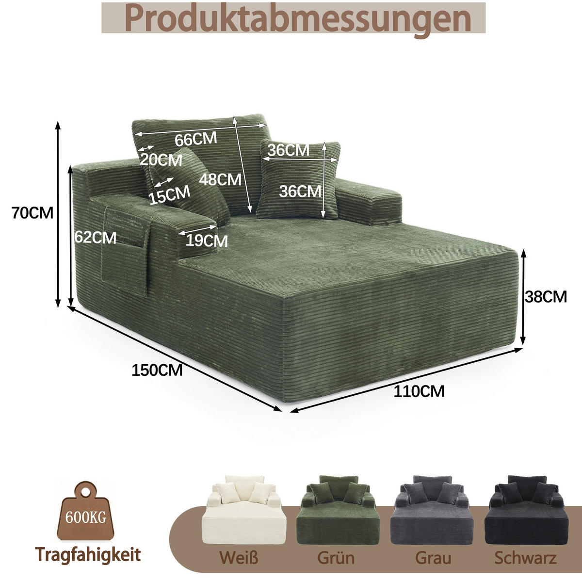SCHLAFSOFA DE-34580 mit Seitentaschen Grün - Grün, Textil (70/150/110cm) - ComfortXL
