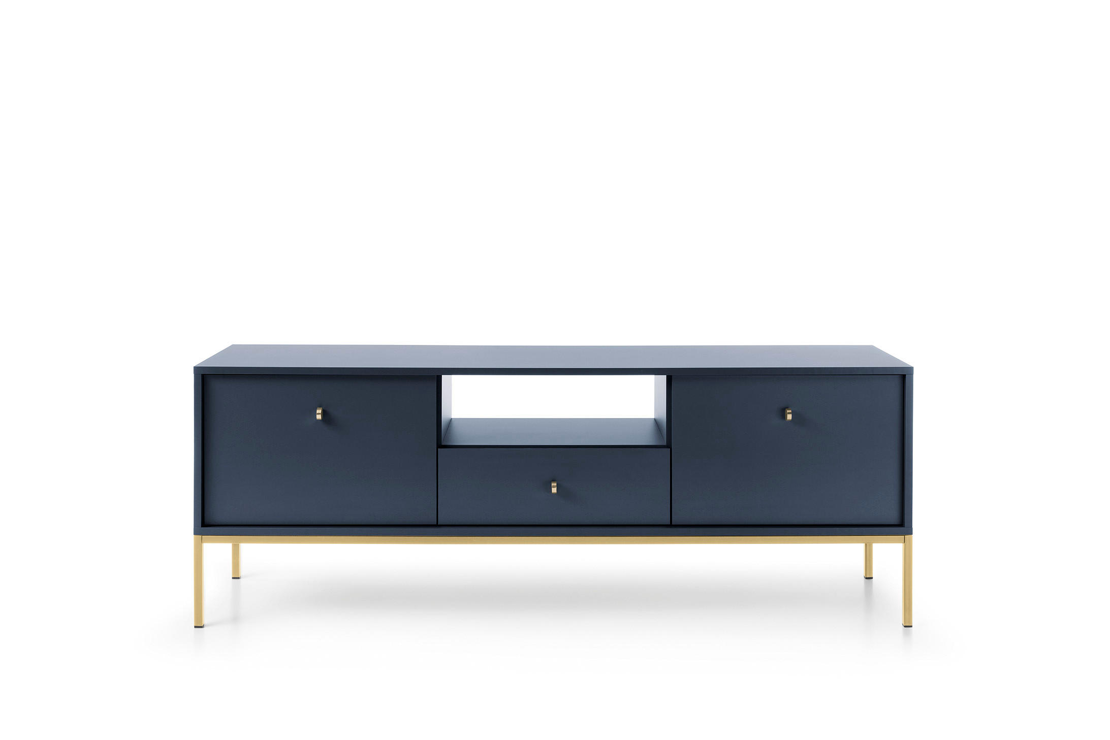 TV-SCHRANK Molly Dunkelblau, Goldene Beine, TV-Tisch mit Schublade - Goldfarben/Dunkelblau, Holzwerkstoff/Metall (154/56/39cm) - Bettso