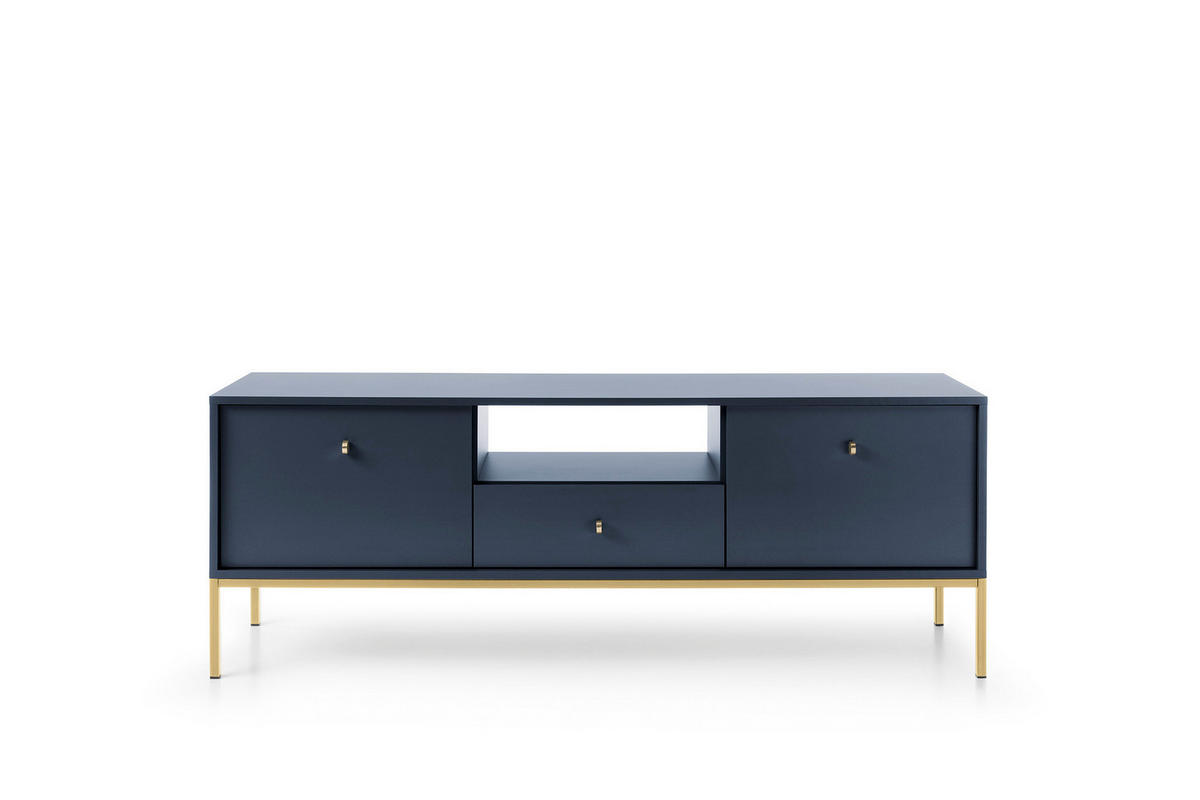 TV-SCHRANK Molly Dunkelblau, Goldene Beine, TV-Tisch mit Schublade - Goldfarben/Dunkelblau, Holzwerkstoff/Metall (154/56/39cm) - Bettso