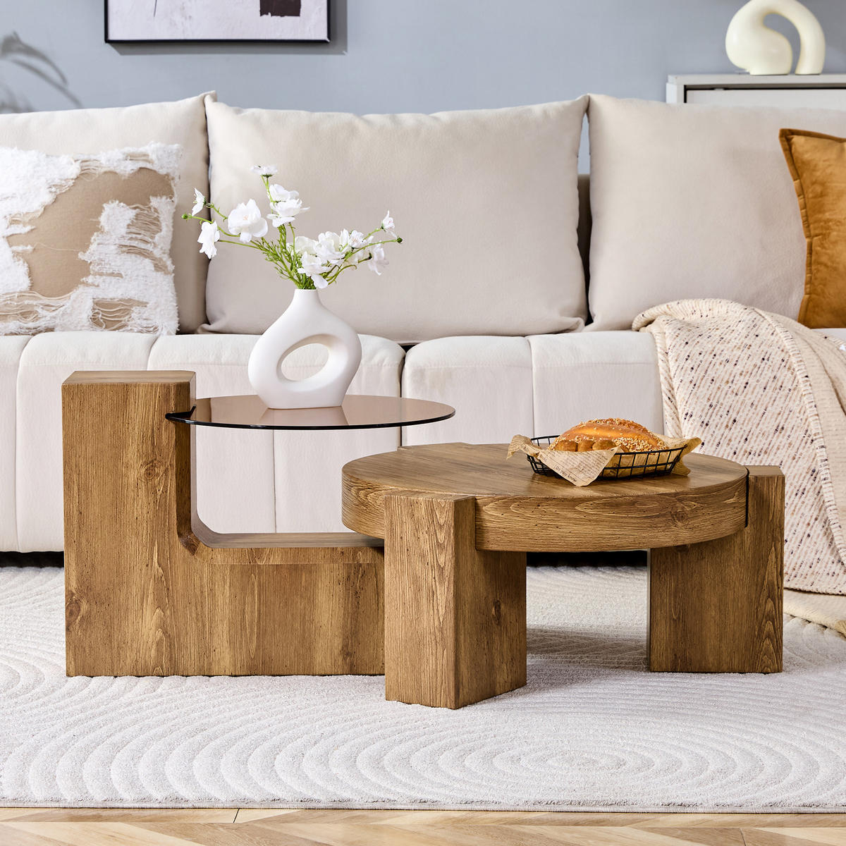 COUCHTISCH-SET 61/61/30 cm Holzoptik aus Holzwerkstoff und Sicherheitsglas mit trennbarem 2-in-1 Design - Naturfarben, Holzwerkstoff (61/61/36cm) - OKWISH