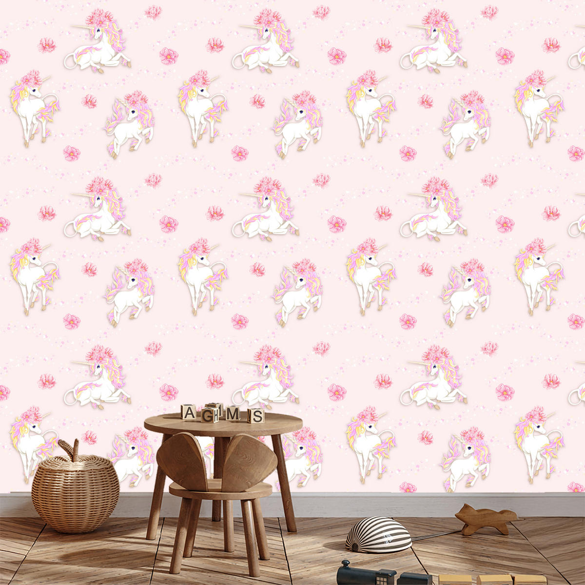 VLIESTAPETE Einhörner und Pfingstrosen – Rosa, Weiß – 50x1000 cm - Rosa/Weiß, Papier (50/1000cm) - Muralo