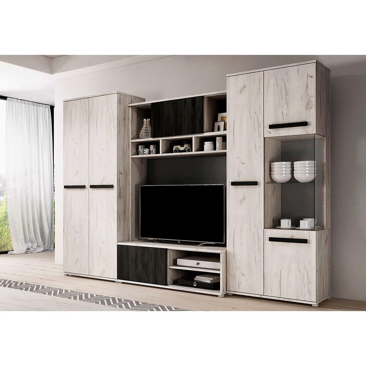 WOHNWAND 4-teilig 280/202/52 cm VIVA + blaue LED-Beleuchtung - Weiß, Holzwerkstoff (280/202/52cm) - imoebel24