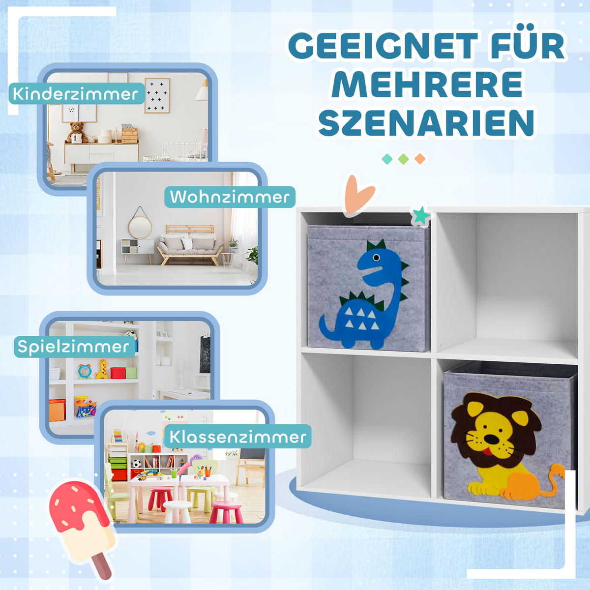 KINDERREGAL Bücherregal mit 2 Aufbewahrungsboxen für Kinderzimmer Weiß+Grau - Weiß, Holzwerkstoff (29.9/61.8/61.8cm) - ZONEKIZ