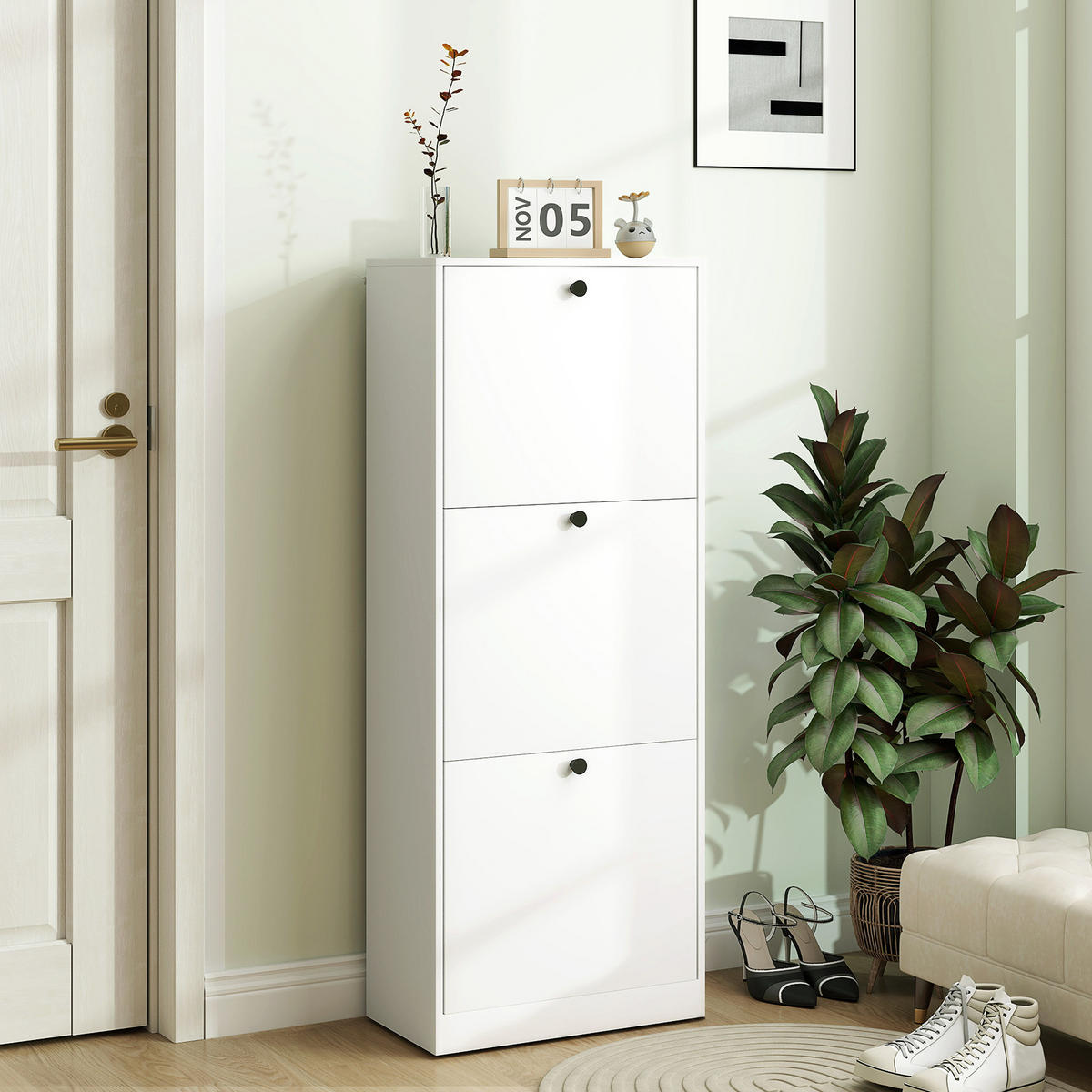SCHUHSCHRANK mit 3 Klappen, 47 x 26 x 120 cm, Weiß - Weiß, Holzwerkstoff (47/120/26cm) - HOMCOM