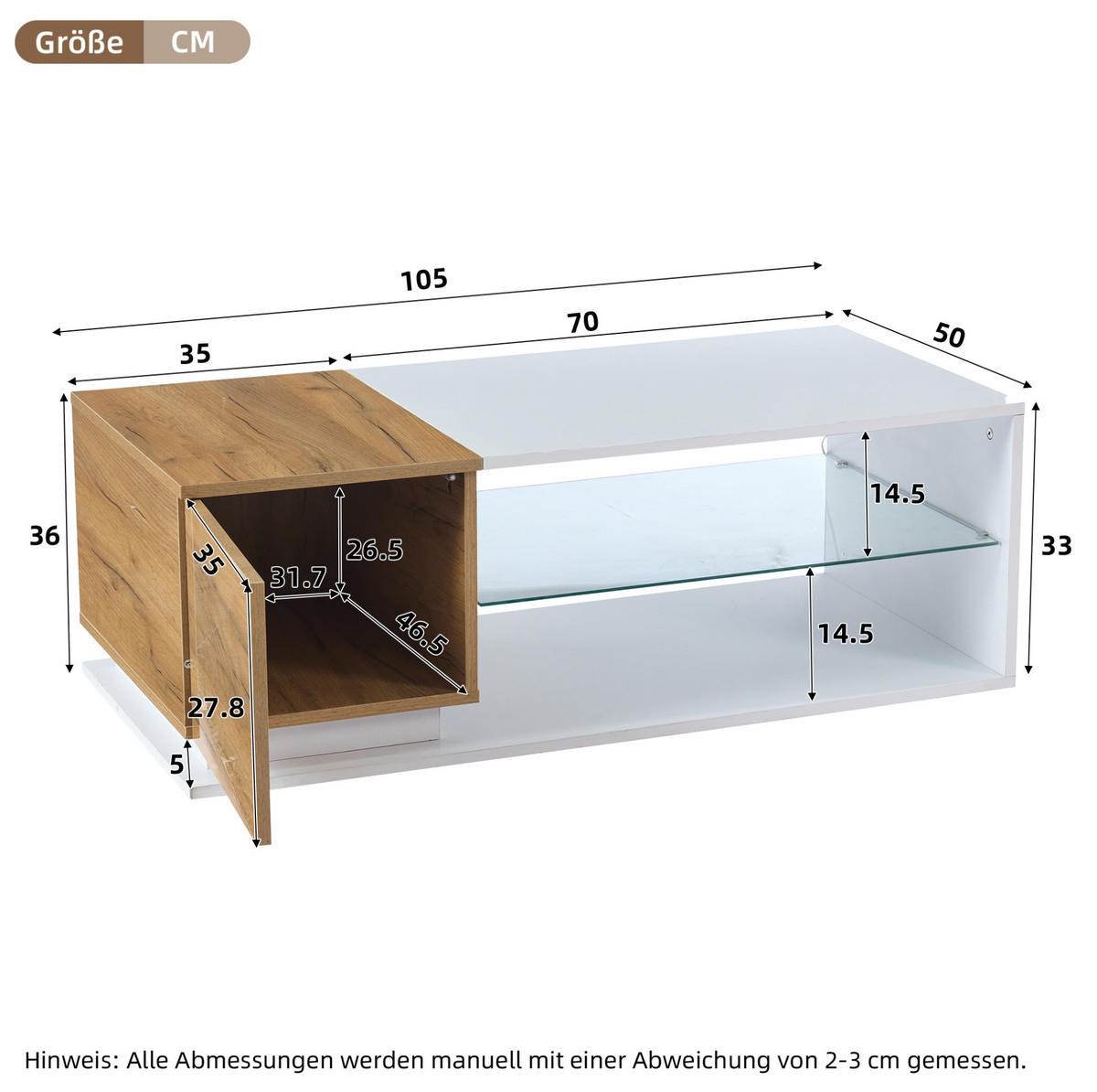 COUCHTISCH 105/50/36 cm mit LED-Beleuchtung, Stauraum und Hochglanzoberfläche, Weiß/Holzfarbe - Weiß, Holzwerkstoff (105/50/36cm) - Modfu