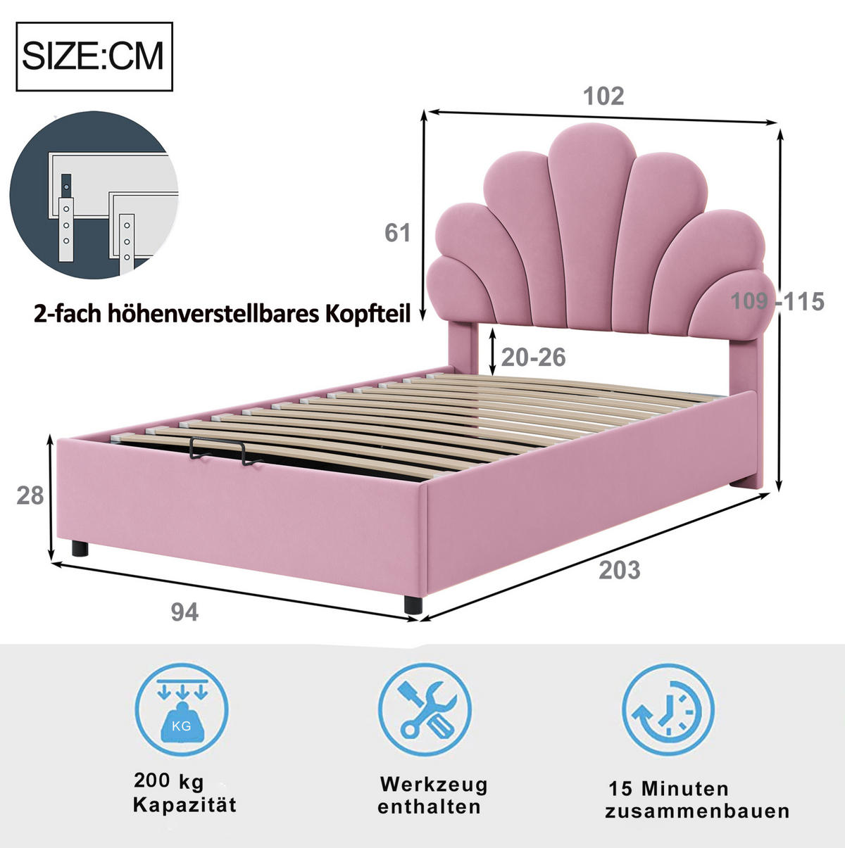 POLSTERBETT aus Samt 90x200 cm in Rosa mit hydraulischem Stauraum - Rosa, Textil (90/200cm) - Modfu