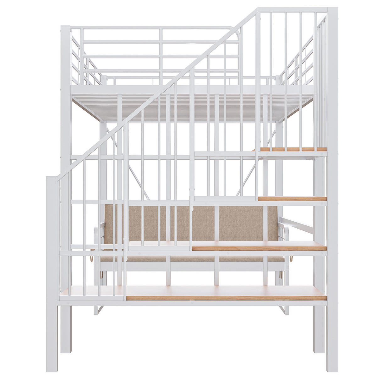 ETAGENBETT 140/200 cm mit Polstersofa, Stauraumtreppe und Metallrahmen, Weiß - Weiß, Holzwerkstoff (140/200cm) - Redom