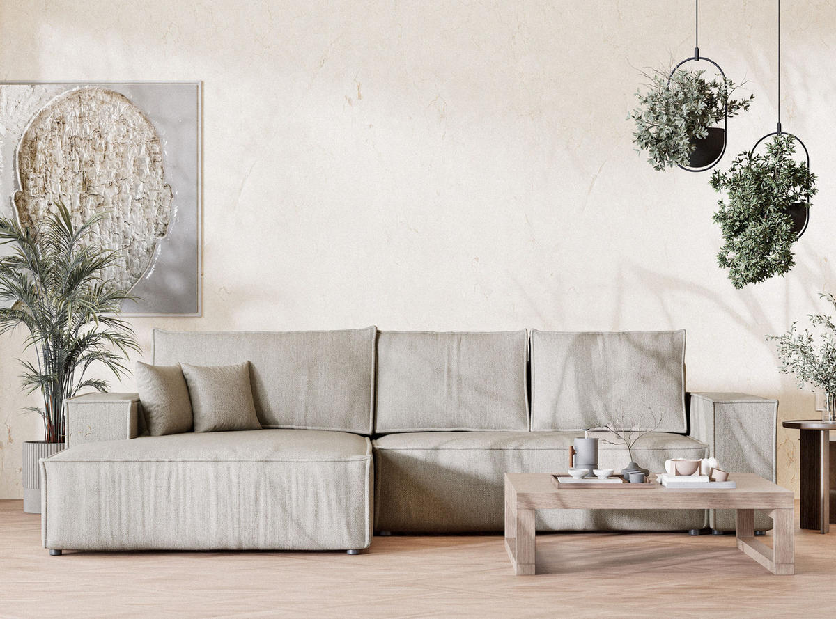 ECKSOFA MIT SCHLAFFUNKTION Maze Beige Webstoff - Beige/Schwarz, Holz/Holzwerkstoff (294/185cm) - Maison de Reve