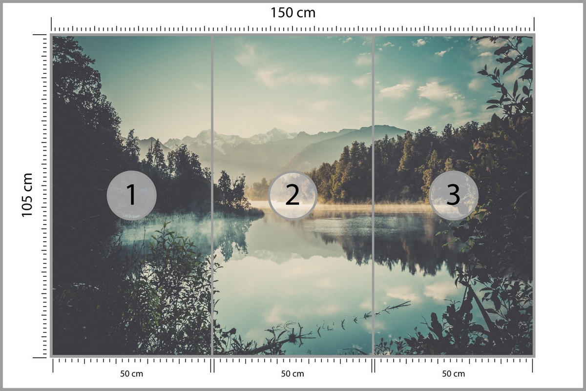 FOTOTAPETE für Esszimmer Bergsee Wald Bäume Nebel 150x105 - Türkis/Gelb, Papier (150/105cm) - Muralo