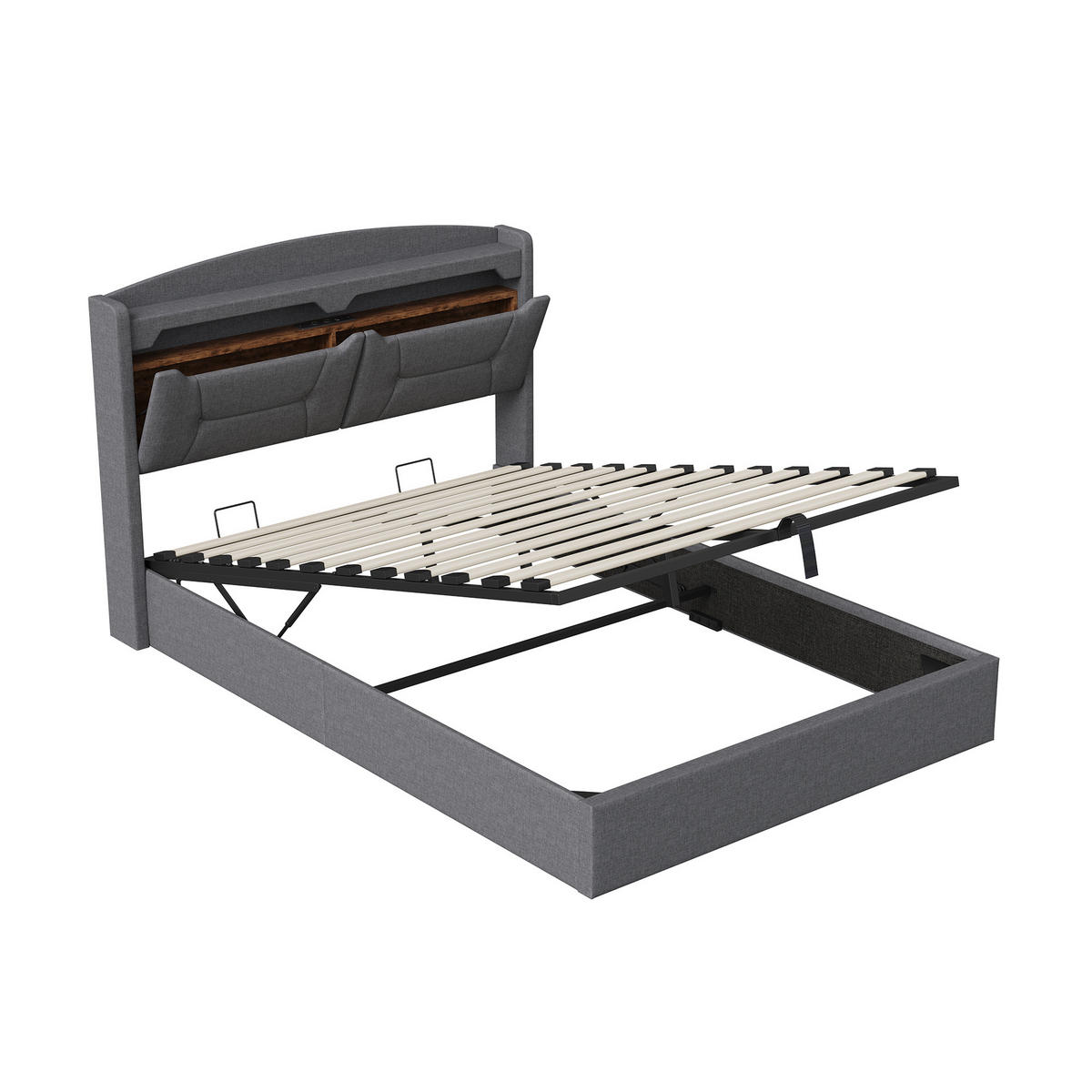 HYDRAULISCHES Polsterbett 140x200 cm mit Stauraum, LED und USB, Grau - Grau, Holz/Metall (140/200cm) - PARAFTA HOME