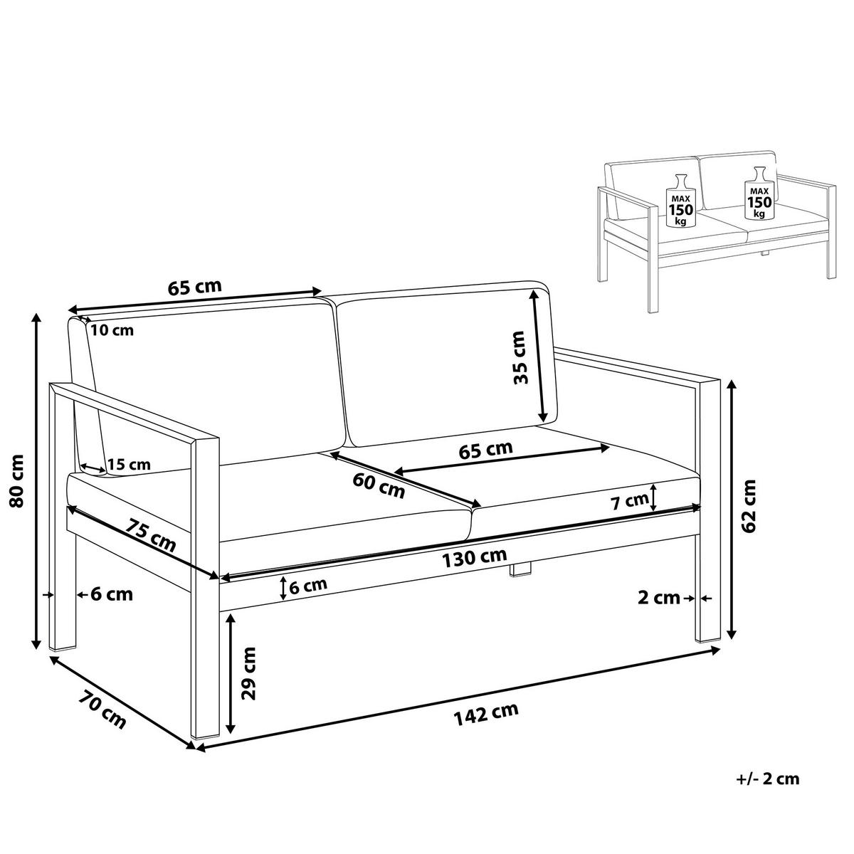 GARTENSOFA Aluminium 2-Sitzer Auflagen hellgrau Salerno - Hellgrau, Metall (142/80/70cm) - Beliani