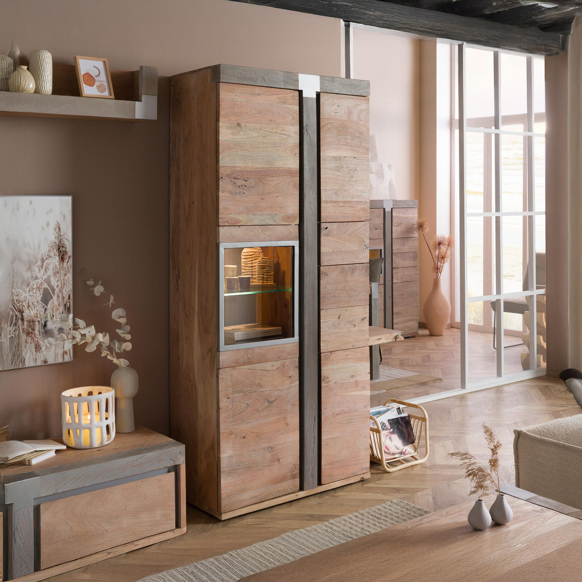 VITRINE Akazie 90x45x204 beige lackiert Amsterdam #108 - Beige, Holz (90/204/45cm) - Massivmoebel24