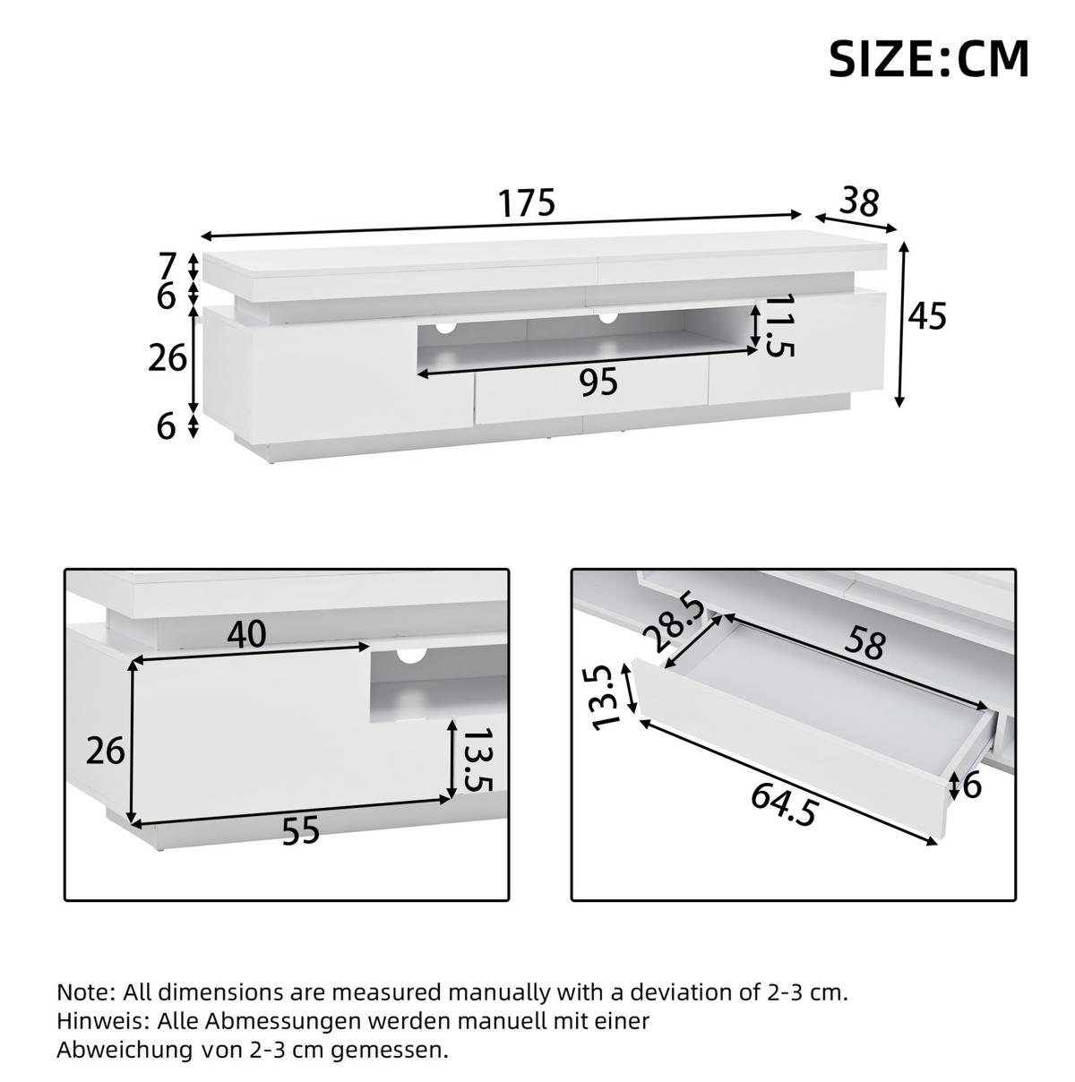 LOWBOARD 175/38/45 cm aus Spanplatte mit LED-Beleuchtung und Hochglanzfronten Weiß - Weiß, Holzwerkstoff (175/45/38cm) - Modenvie