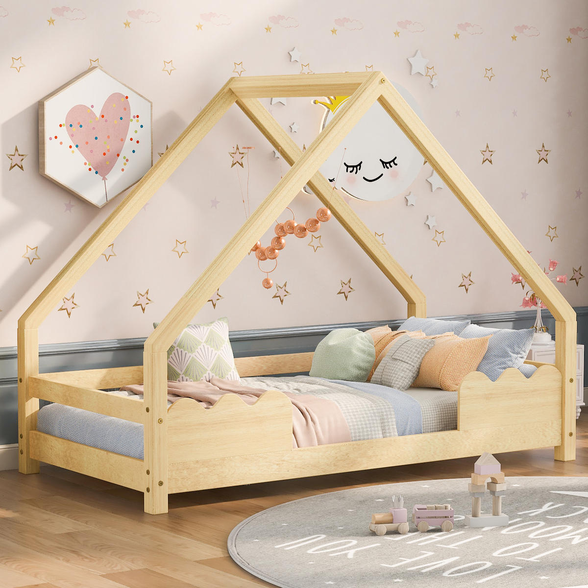 HAUSBETT 90x200 Kinderbett Rausfallschutz Jugendbett Massivholz Natur - Naturfarben, Holzwerkstoff (90/200cm) - FLIEKS