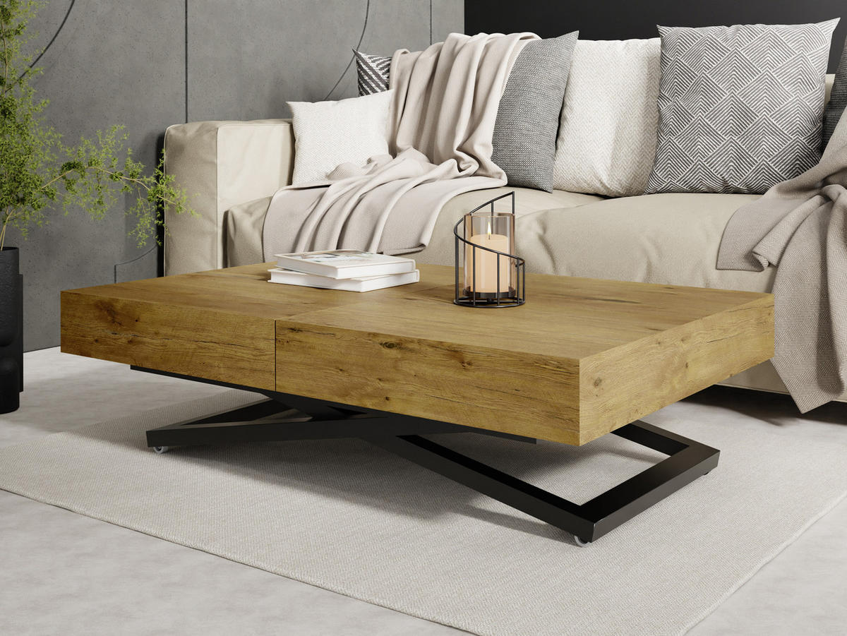 COUCHTISCH Cavetta X höhenverstellbar ausziehbar, Lancelot Eiche 120-200/80/27-76 cm - Eichefarben/Schwarz, Holzwerkstoff/Metall (80/120/76cm) - WFL GROUP
