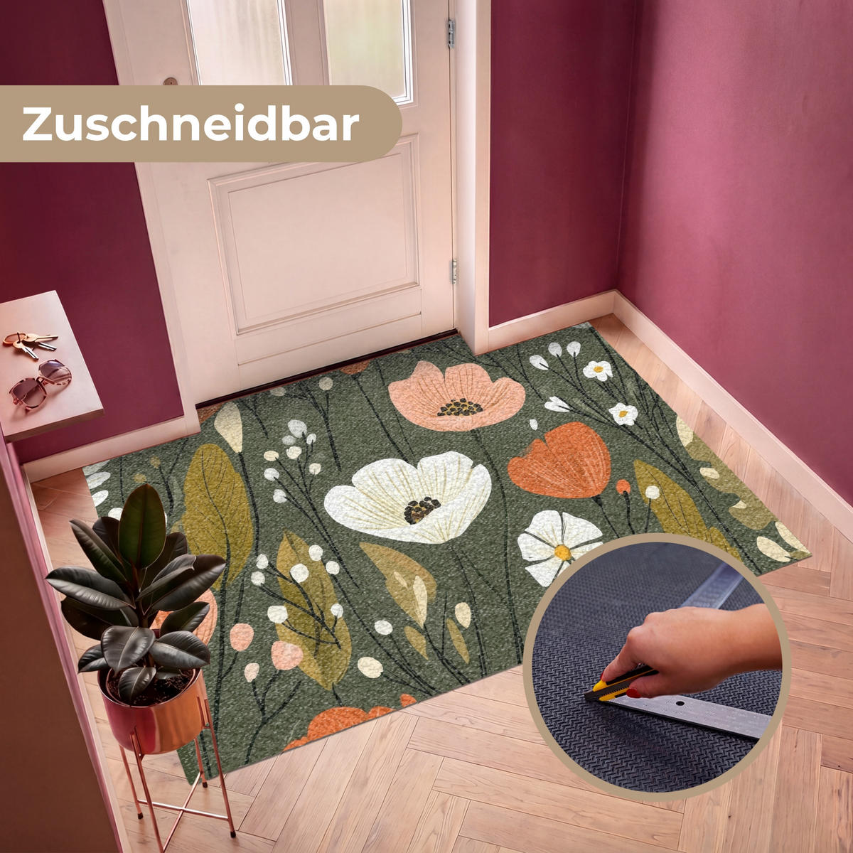 FUSSMATTE Blumen - Illustration - Grün Flurteppich 180x120 cm - Dunkelgrün, Kunststoff (180/120cm) - MuchoWow