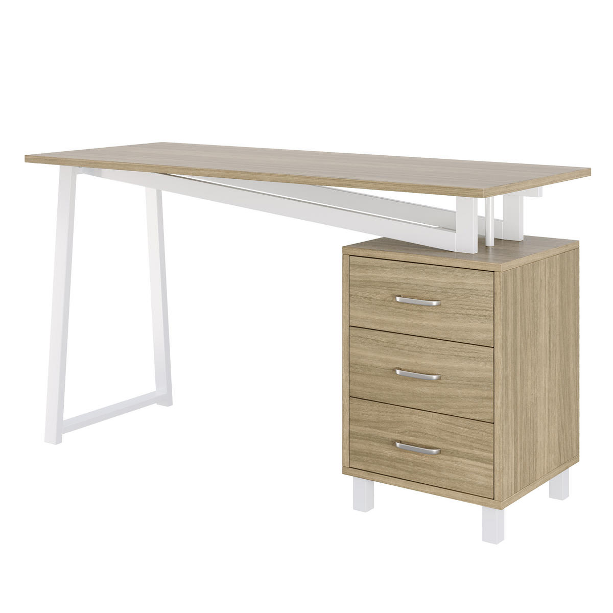 SCHREIBTISCH Naturholzfarben und Weiß 130/55/75 cm mit 3 Schubladen - Naturfarben, Holzwerkstoff (55/130/75cm) - PANGIVO