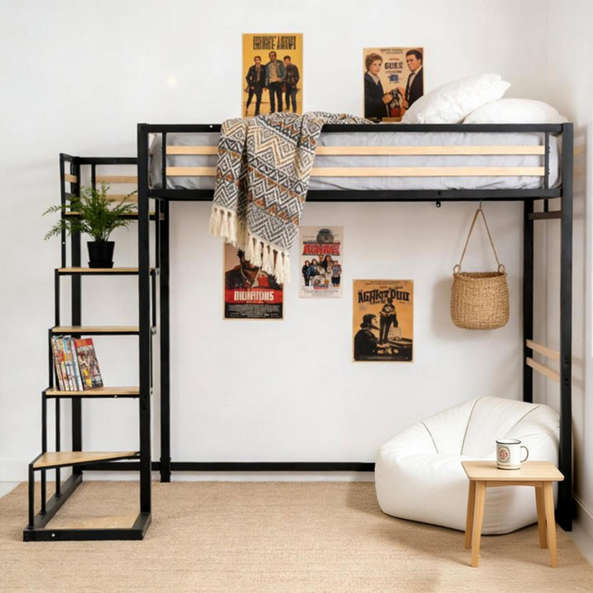 HOCHBETT mit Treppe und Arbeitsbereich – Metallbett Schwarz, platzsparendes Loftbett mit Schreibtischbereich - Schwarz, Metall (148/201cm) - Meubles Cosy