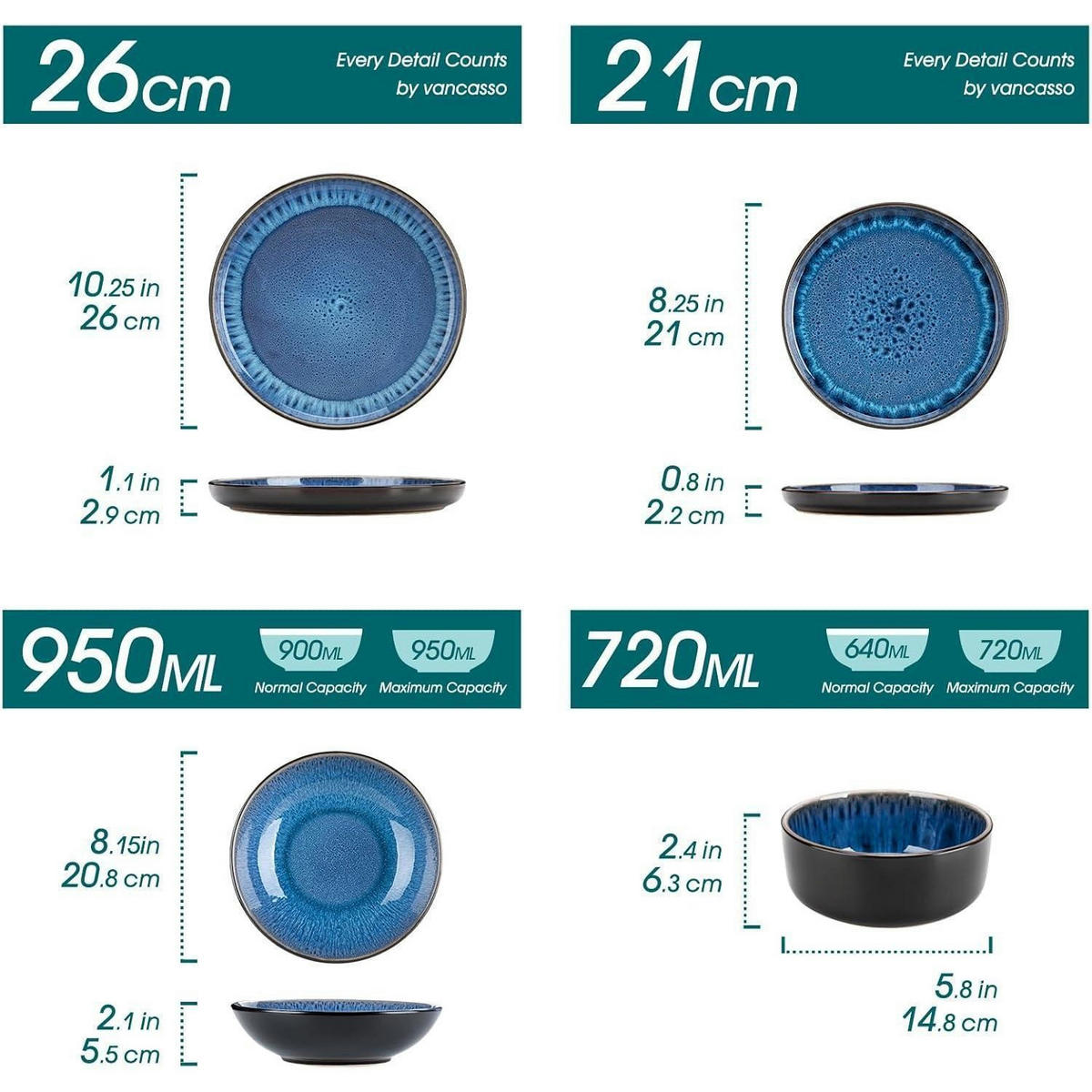 TAFELSERVICE 24-teiliges Set Blau Steingut - Multicolor, Keramik (26/2.9/26cm)