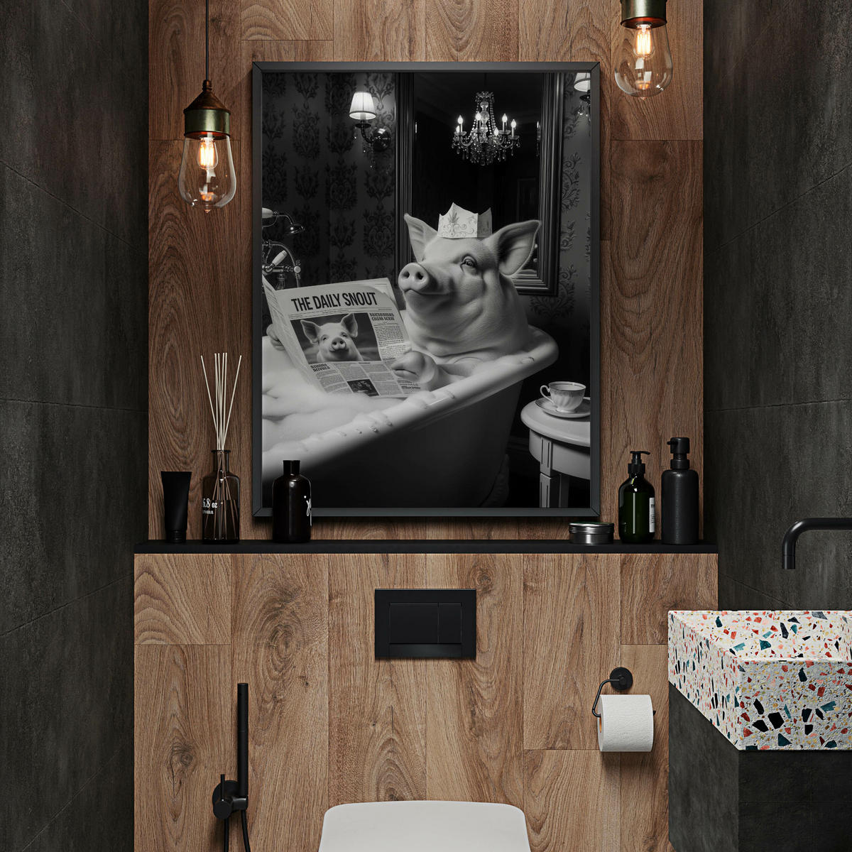 POSTER für Badezimmer WC SCHWEIN in Badewanne Zeitung Abstraktion 30x40cm - Schwarz/Weiß, Papier (30/40/1cm) - Muralo