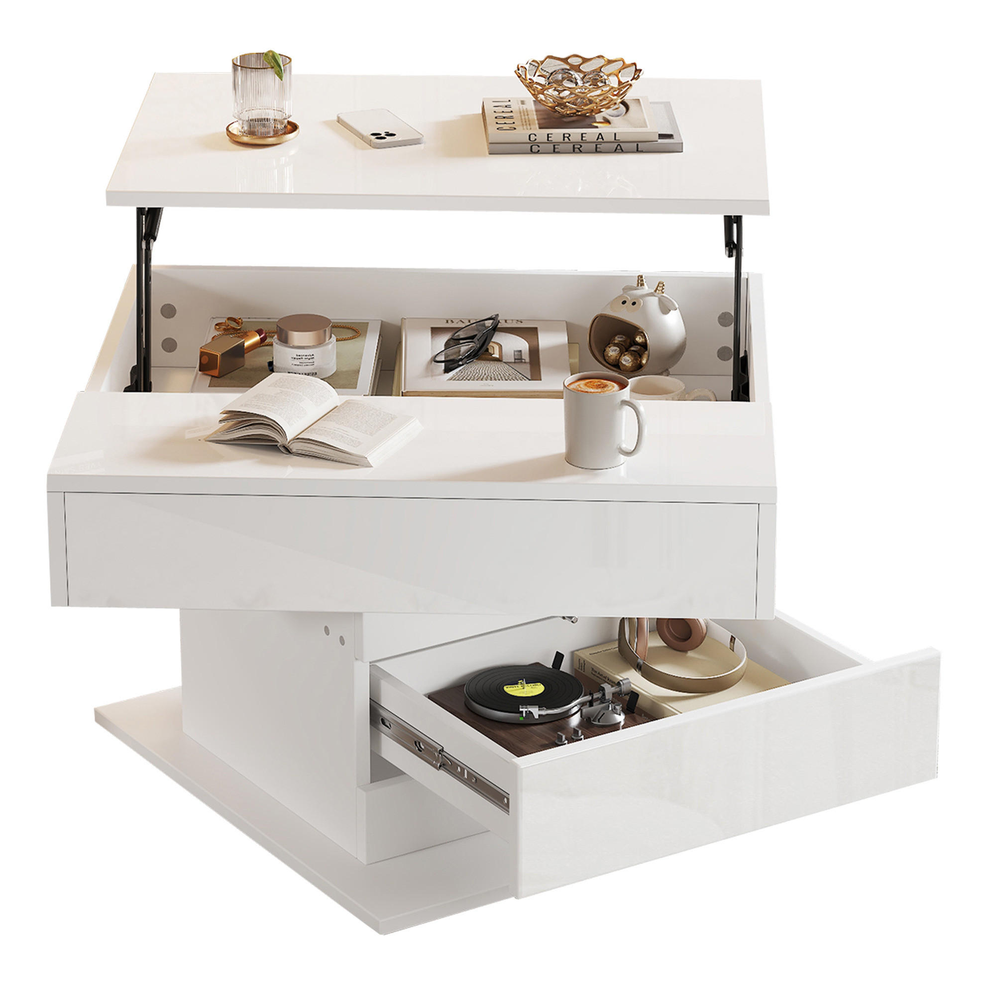 COUCHTISCH 70/70 cm höhenverstellbar mit 1 Schublade und 360° Drehfunktion - Weiß, Holzwerkstoff (70/70/45cm) - BEAOK
