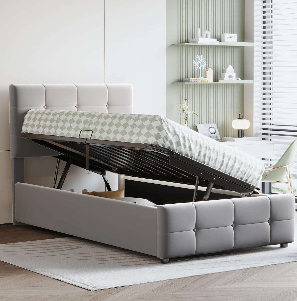KINDERPOLSTERBETT 90/200 cm Grau aus Samtstoff mit Stauraum - Grau, Textil (90/200cm) - OKMYHOME