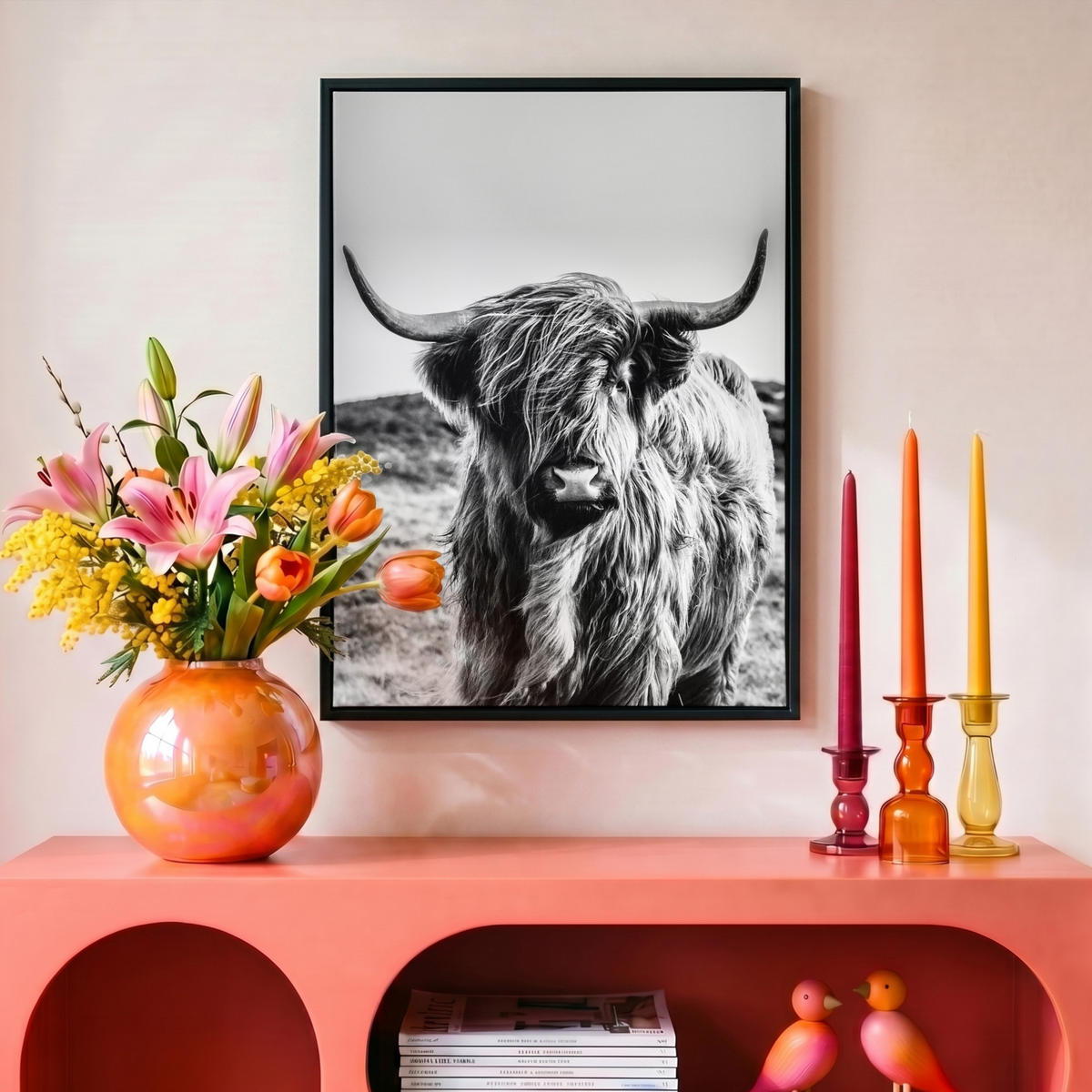 LEINWAND Bilder mit Rahmen - Kuh - Schottischer Hochländer - Schwarz - Weiß - Tier - Natur - Wildtiere - 30x40 - Schwarz, Textil (30/40cm) - MuchoWow
