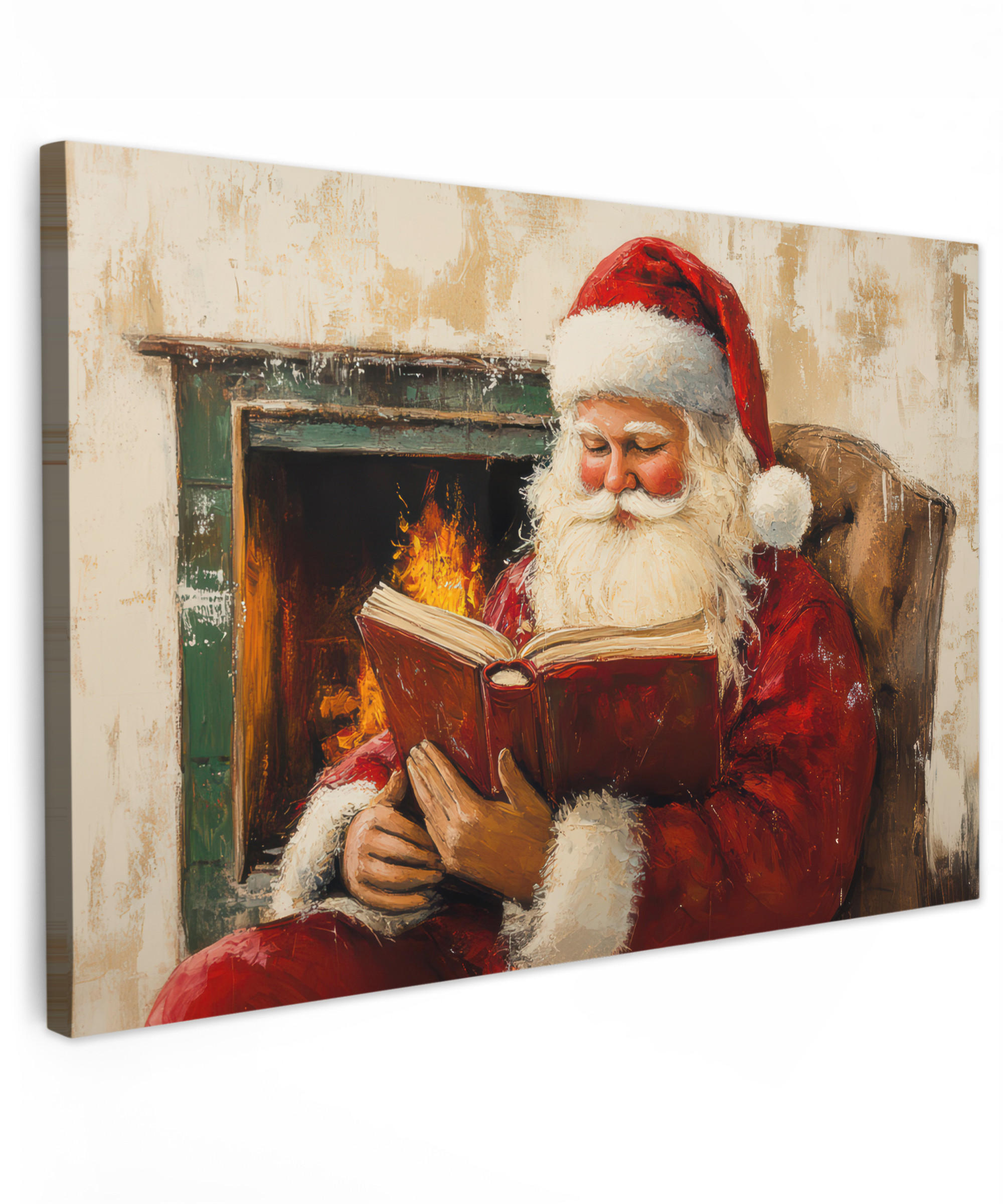 LEINWANDBILD Weihnachten - Weihnachtsmann - Winter - Open Fireside Groß 140x90 cm - Dunkelrot, Textil (140/90cm) - MuchoWow