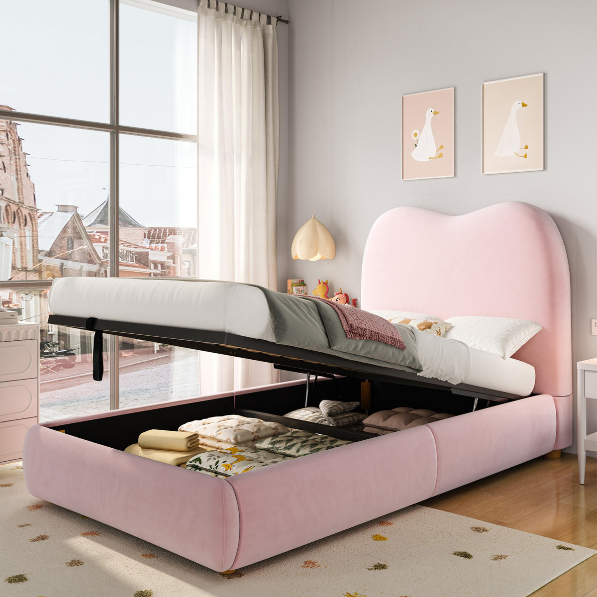 POLSTERBETT 90/200 cm aus Samt mit Lattenrost und hydraulischem Stauraum Pink - Rosa, Textil (90/200cm) - Modenvie