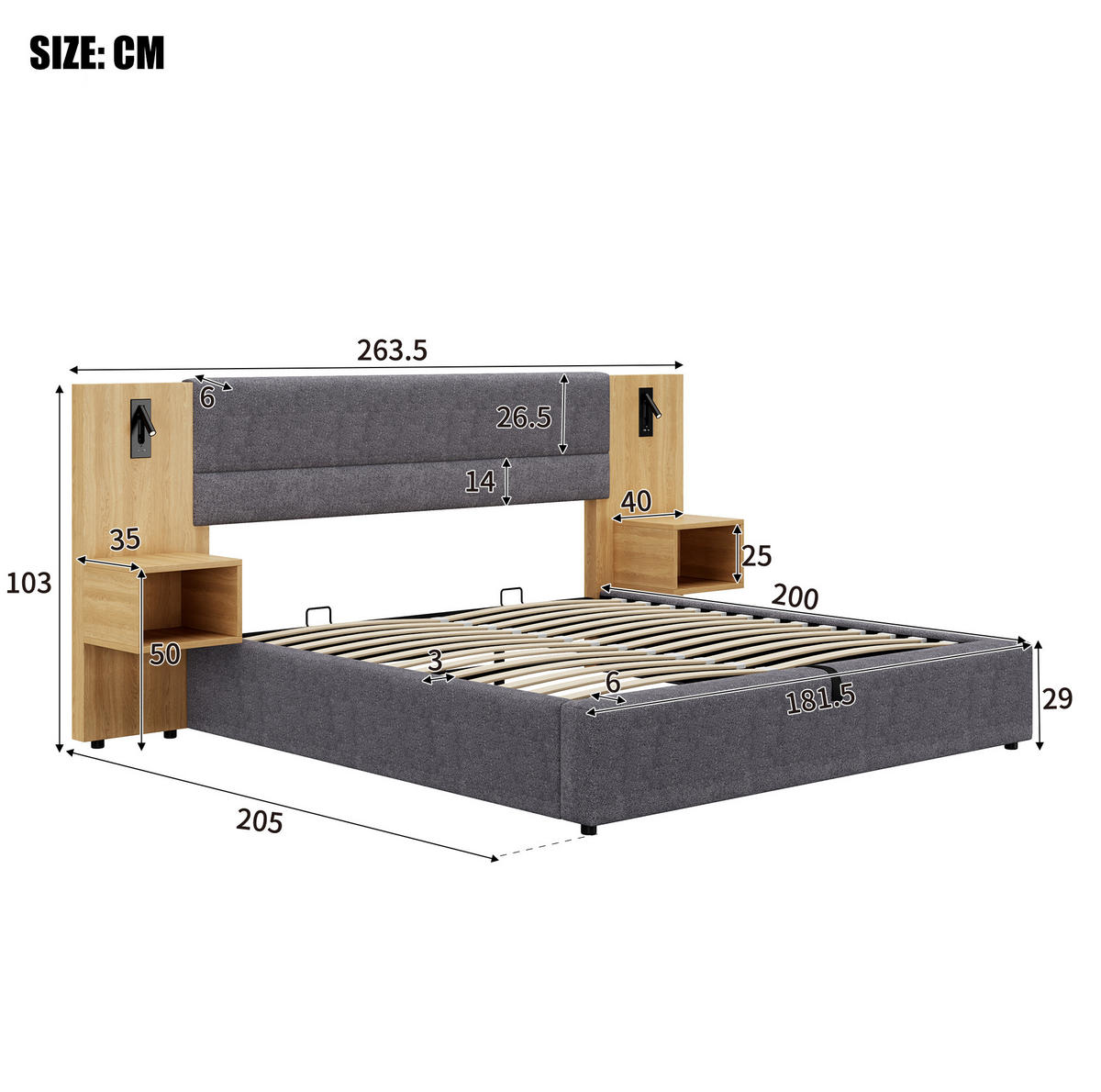 POLSTERBETT aus Samt 180x200 cm Natur/Grau mit hydraulischem Bettkasten, USB und 2 Nachttischen - Grau, Textil (180/200cm) - IVMEU