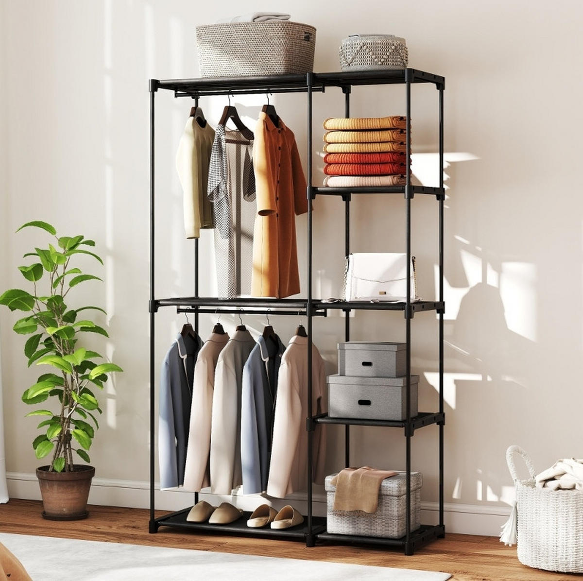 STANDKLEIDERSCHRANK 111/43/185 cm in Schwarz mit Kleiderstangen und 6 Ablagen - Schwarz, Metall (43/185/111cm) - BEAOK