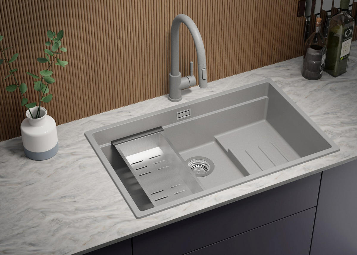 SPÜLBECKEN Praga Slim, 2-er set Grau 76/47 cm 1 Becken + Ablauf-Set + Aufrollbare Abtropffläche ab 80er Unterschrank - Chromfarben/Grau, Kunststoff (76/20/47cm) - Primagran