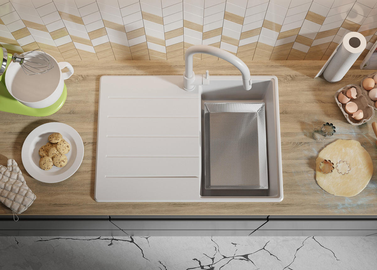 SPÜLBECKEN Kopenhagen, 2-er set Weiß 70/50 cm 1 Becken + Ablauf-Set + Schneidebrett ab 40er Unterschrank - Chromfarben/Beige, Kunststoff (70/20/50cm) - Primagran