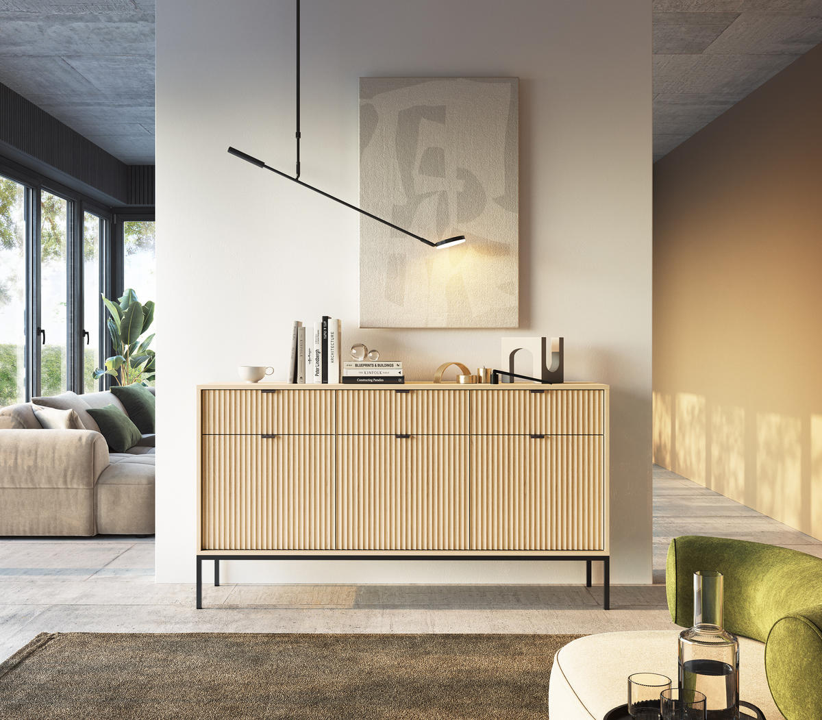 SIDEBOARD NANAIMO KOM3 Profilierte Fronten Eiche Vicenza Eiche Vicenza - Eiche Artisan, Holzwerkstoff (154/83/39cm) - Komodee