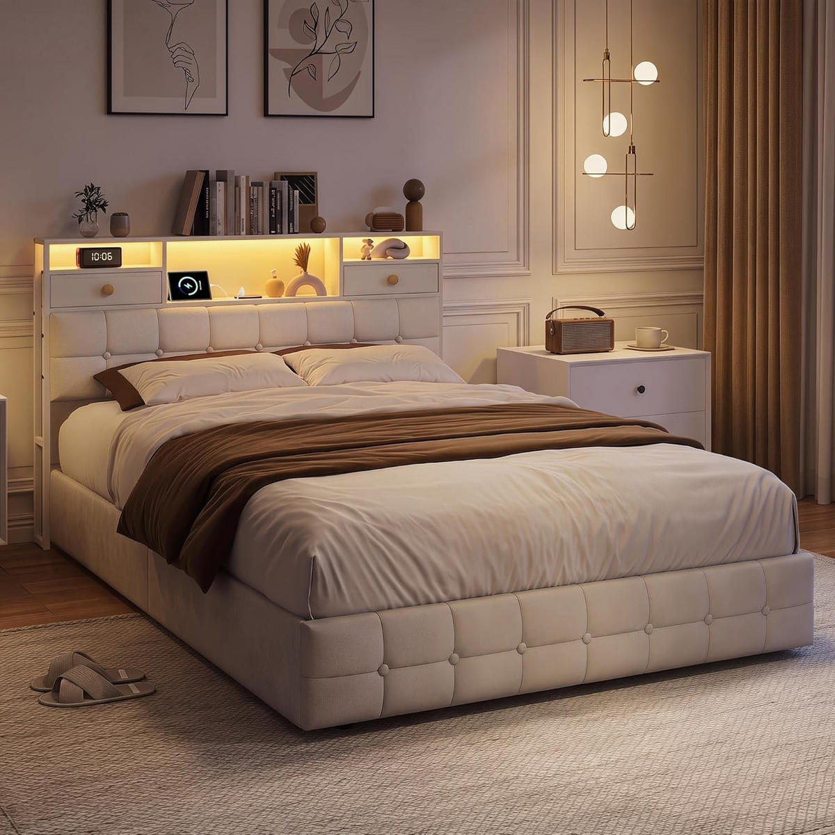 STAURAUMBETT 140/200 cm Beige, Polsterbett mit Bettkasten, LED und USB-Anschluss - Beige, Holz/Textil (140/200cm) - PARAFTA HOME