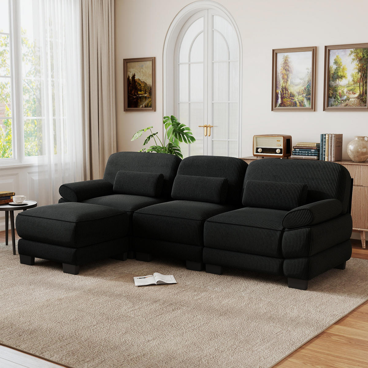 ECKSOFA 3-Sitzer L-Form mit Hocker, DE-42659, Schwarz - Schwarz, Holz (265/161cm) - ComfortXL