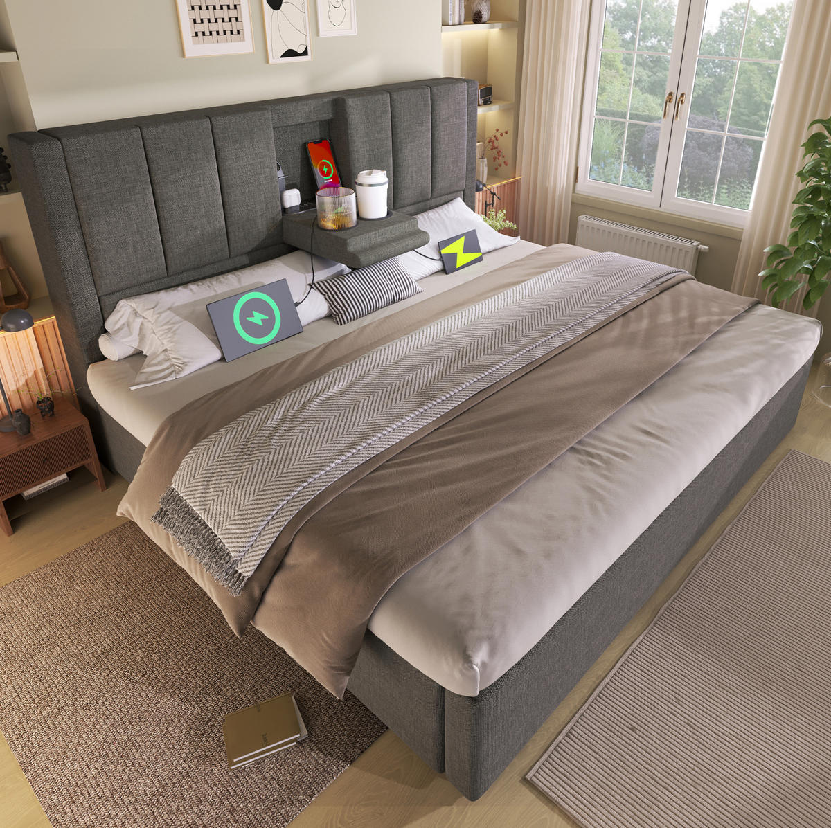 POLSTERBETT 180/200 cm mit Ladestation, versteckten Becherhaltern und Bettkasten, Leinenoptik, Grau - Grau, Textil (180/200cm) - Redom