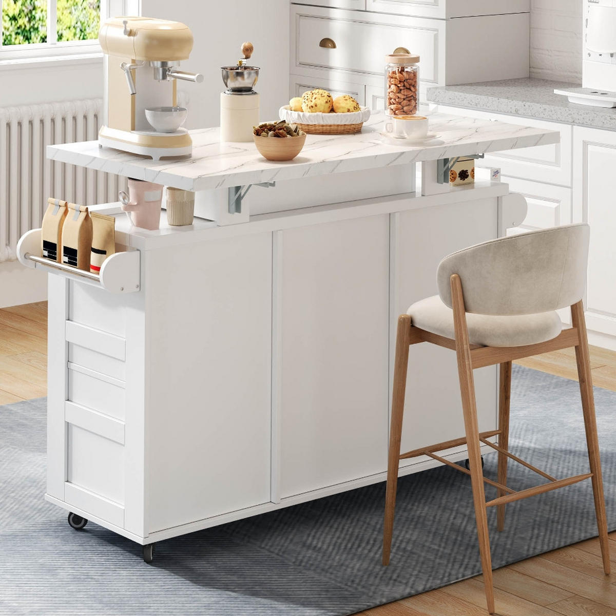 KÜCHENINSEL MIT KLAPPBARER ARBEITSPLATTE, Küchenwagen, Weingestell, MDF, 138/60/93 cm - Weiß, Kunststoff (60/93/138cm) - Rolipo