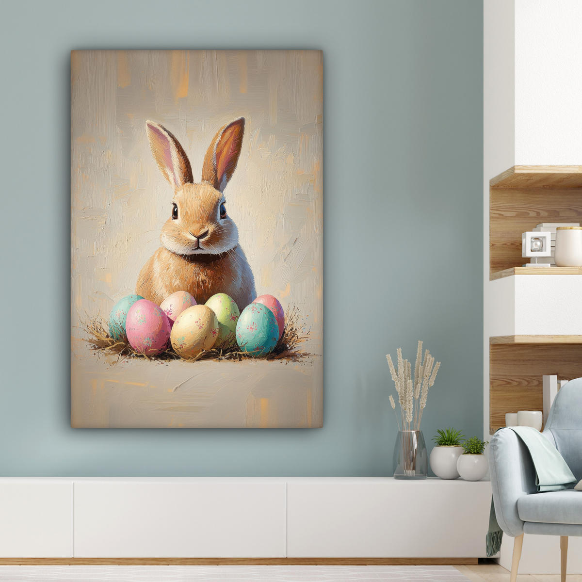 LEINWANDBILD Osterhase - Pastell - Eier Deko Groß 90x140 cm - Beige, Textil (90/140cm) - MuchoWow
