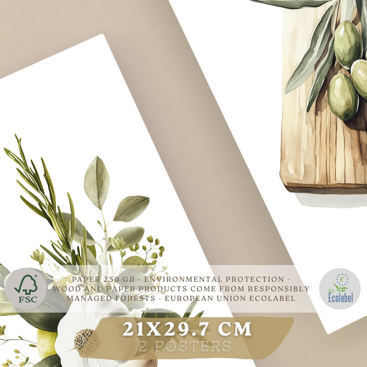 PLAKAT Sada 2 Vintage olivy A4 bez rámu - čirá, papír (29.7/1/21cm) - Nacnic
