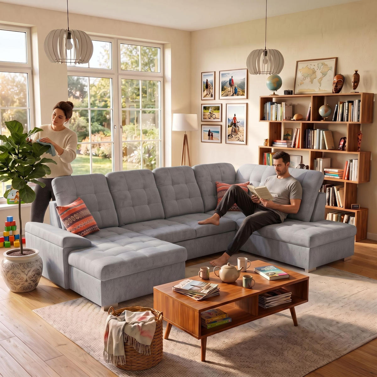 ECKSOFA U-Form OLIVIA U Rechts mit Schlaffunktion 124x257 Velours Hellgrau - Silberfarben/Hellgrau, Holz/Kunststoff (202/103/320cm) - Muffo