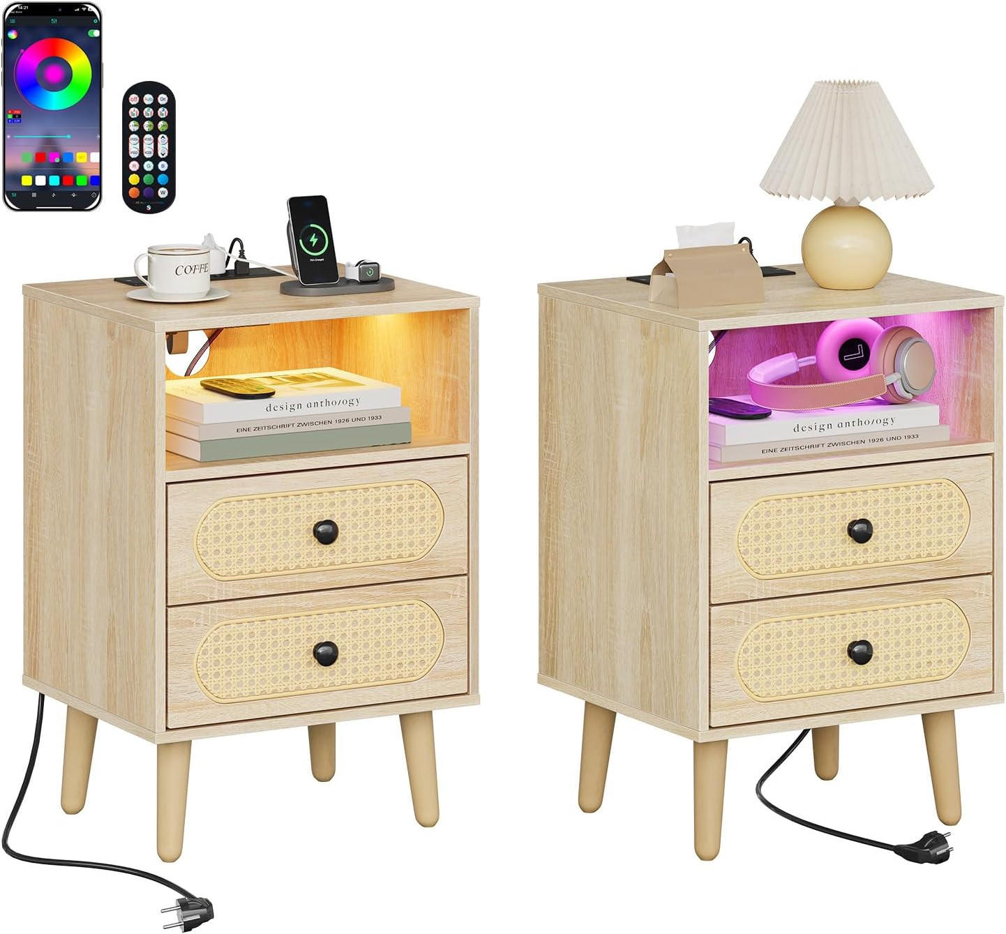 NACHTSCHRANK 2er Set, 35/40/60, Ladefunktion & LED, Eiche - Eichefarben, Holzwerkstoff (45/60/35cm) - Woltu